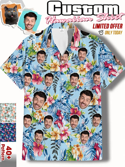 Free Custom Photo Face Team Hawaiian Man Shirts Coconut Tree Pattern Personalized Diy Face Beach Men Short Sleeve Aloha Shirts
