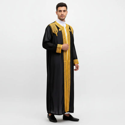 luxury Gold Embroidered Arab Traditional Long Robe Thobe Men's Formal Dress Middle East Ethnic Style Polyester Fiber