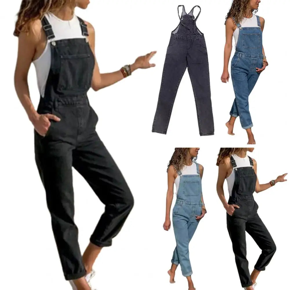 Women Denim Jumpsuit Side Pockets Adjustable Strap Plus Size Jumpsuit Loose Backless Square Neck Backless Lady Overalls 여성 점프슈트