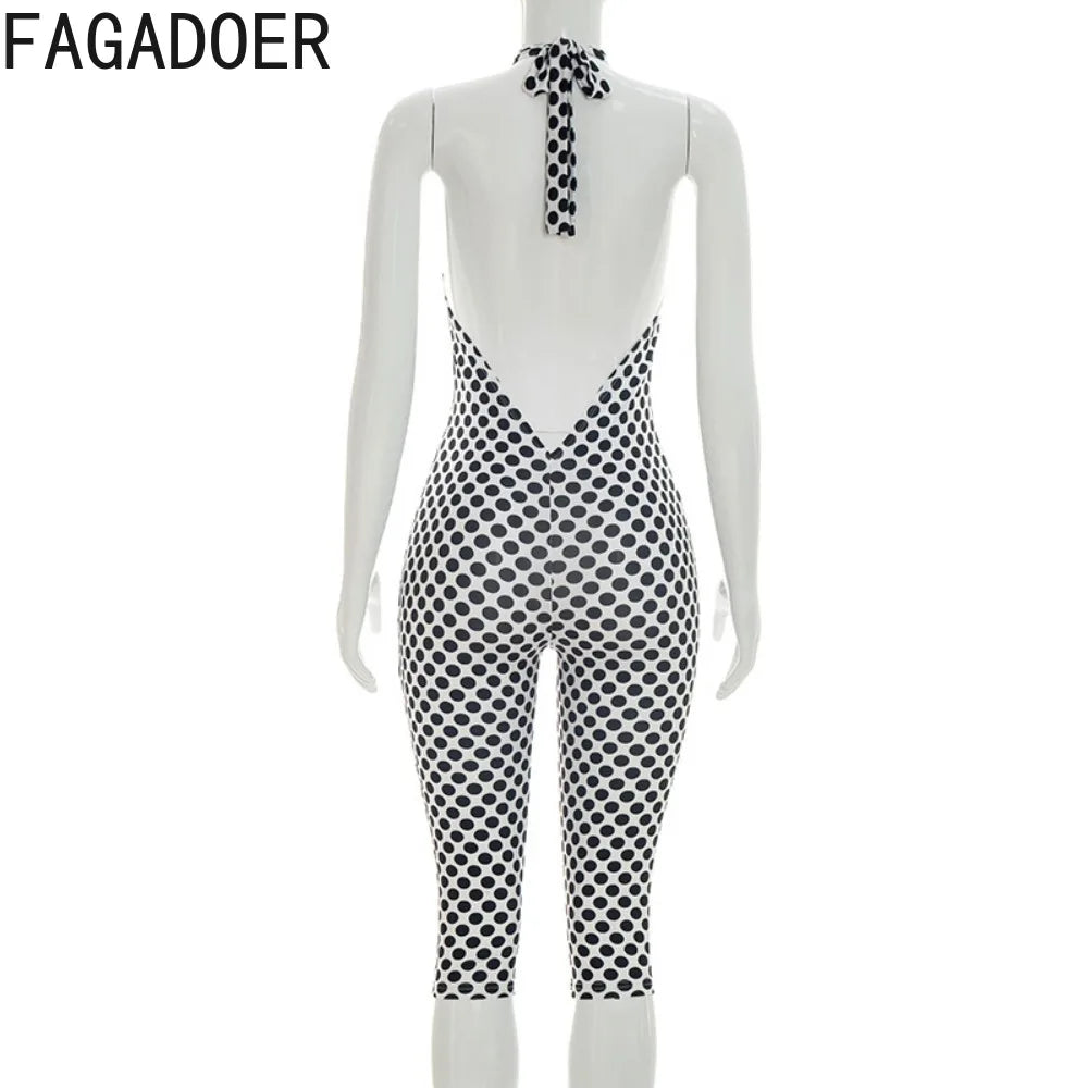 FAGADOER Color Patchwork Polka Dot Romper Retro Big Dot Bandage Halter Bodycon Jumpsuits Summer Streetwear Playsuits 2026 Trendy