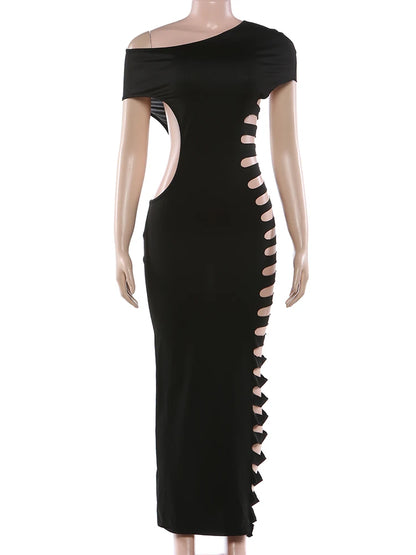 Kliou Sexy Hollow Design Long Dress Woman Skew Collar Off Shoulder Skinny High Waist Robe Midnight Club Party Fashion Vestidos