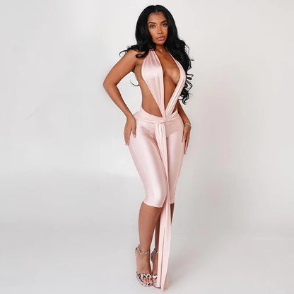 Patchwork Halter Romper Women Ribbon Sleeveless Elastic Backless Workout Activewear Midnight Activity Slim Playsuits