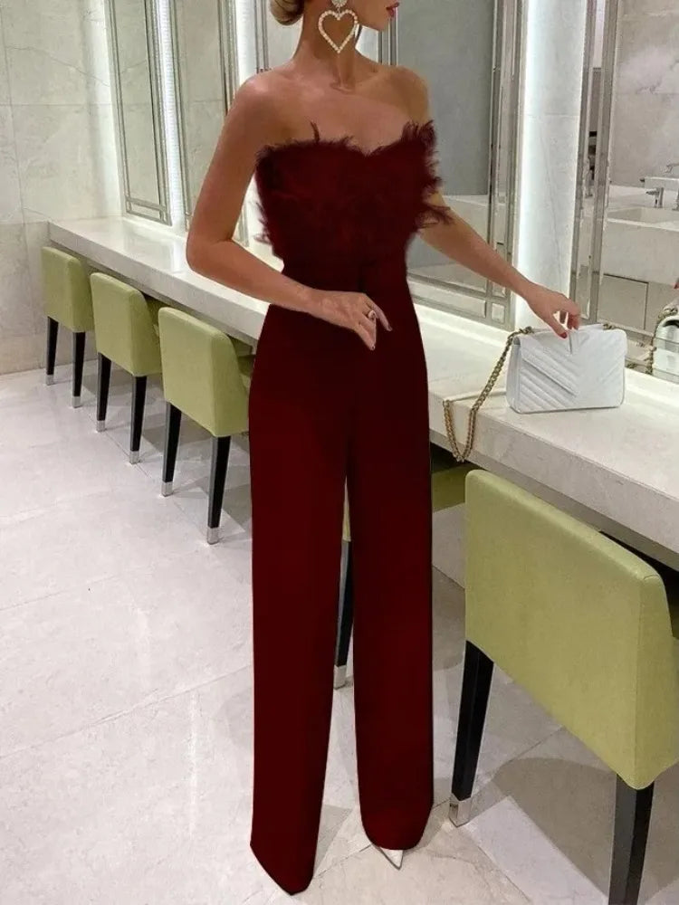 Combi-Pantalon Bustier Élégant avec Détails Plumes – Collection Summer Style