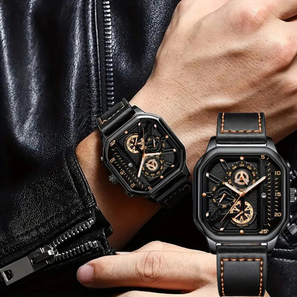 Luxury Big Dial Men Square Watch Casual PU Leather Strap Men Sports Watches