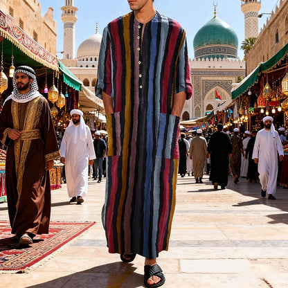 New Men Islam Qamis Muslim Striped Robes Long Sleeve Button-down Arabian Kaftan Suit Middle East Dubai Abaya Summer Man Clothing