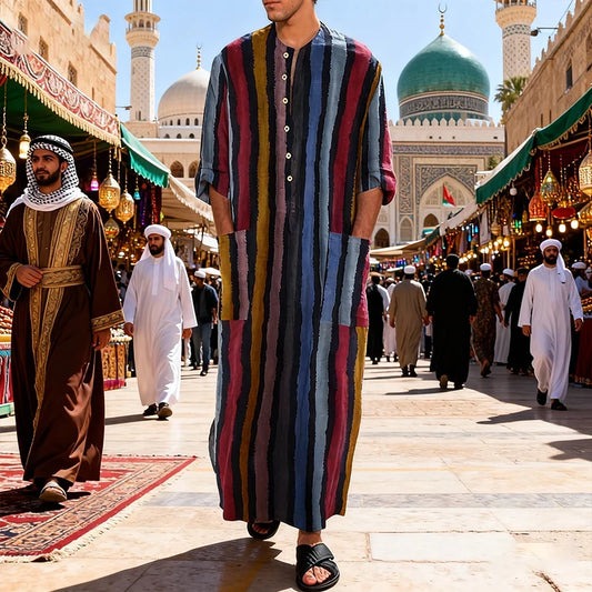 New Men Islam Qamis Muslim Striped Robes Long Sleeve Button-down Arabian Kaftan Suit Middle East Dubai Abaya Summer Man Clothing