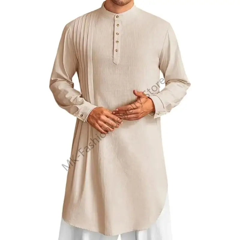 Q6PF Fashion Long Sleeve Men Thobe Ethnic Shirt Ramadans Gown Moroccan Robe