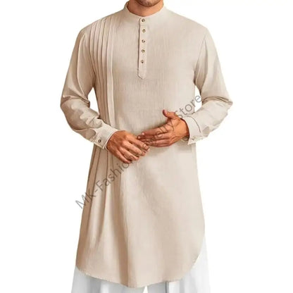 Q6PF Fashion Long Sleeve Men Thobe Ethnic Shirt Ramadans Gown Moroccan Robe