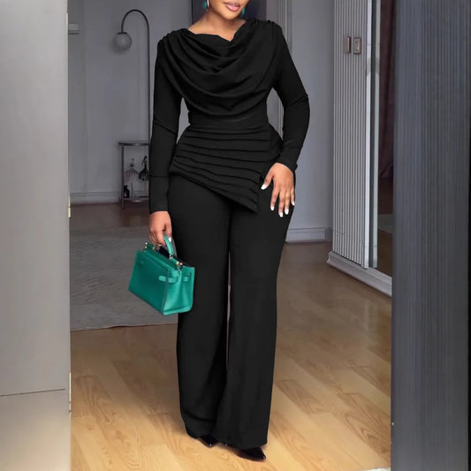 2025 Swing Collar Ruched Jumpsuit Long Sleeve Solid Elegant Office Lady Asymmetric Hem Casual Vintage Ruched Slim Autumn