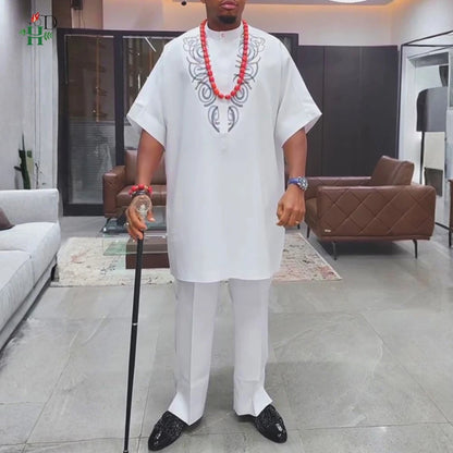 New African Traditional Clothes For Business Men Embroidery Dashiki Robe Shirt and Pants Sets 2 PCS Outfits Wedding Party 2025