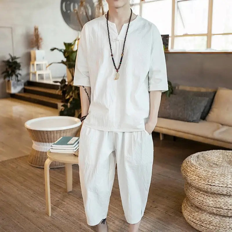 Loose Men's Short Sleeve T-Shirt Set Spring Summer Vintage Retro Tang Costume Hanfu Two-Piece Set Fitness Casual Wear Cotton