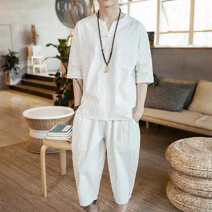 Loose Men's Short Sleeve T-Shirt Set Spring Summer Vintage Retro Tang Costume Hanfu Two-Piece Set Fitness Casual Wear Cotton
