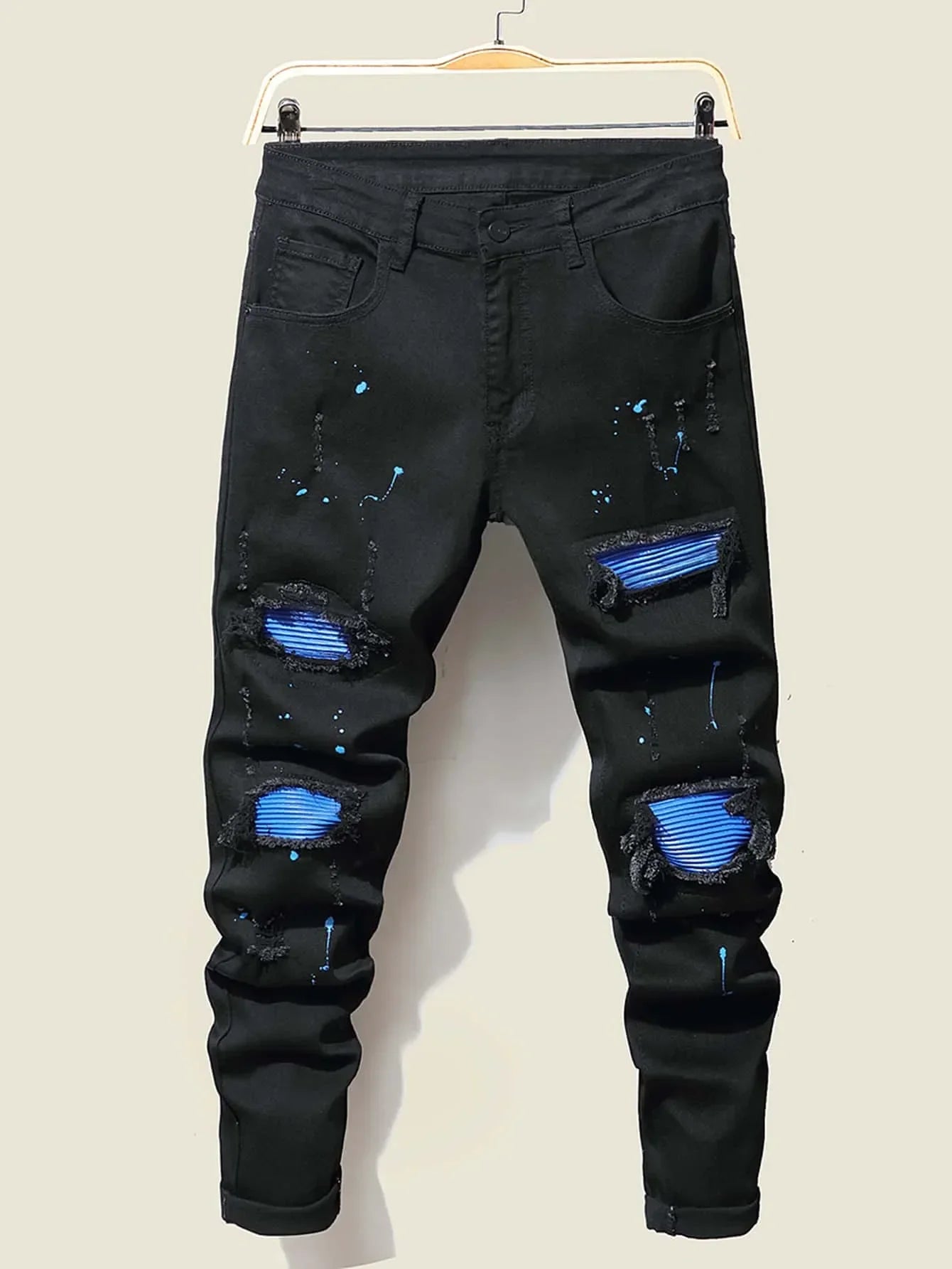 Jean Slim Straight Patchwork LVCCCI'S – Style Chic, Haute Élasticité &amp; Denim Épais