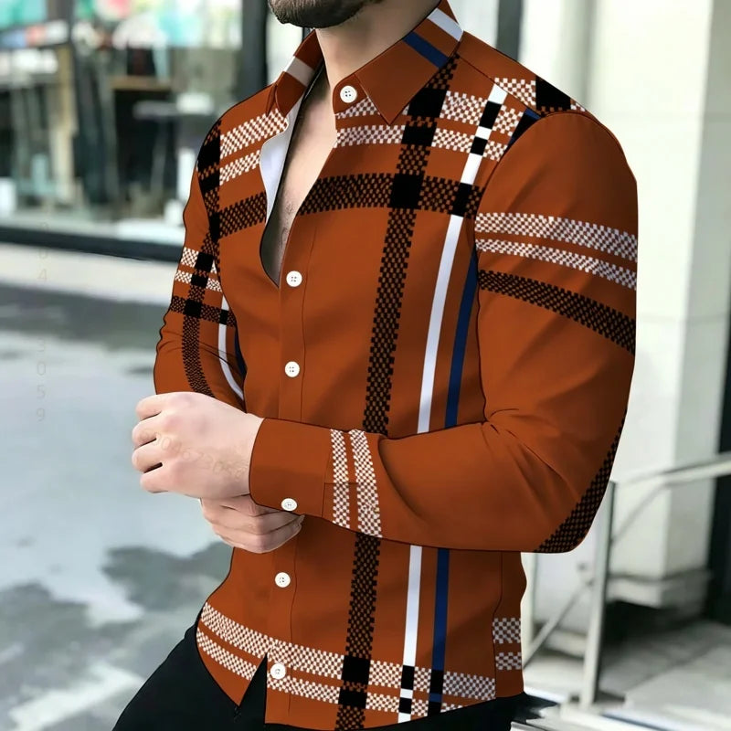 Men's shirt with contrasting stripes, long sleeved shirt, simple geometric lines, slim fit shirt, high-quality business top