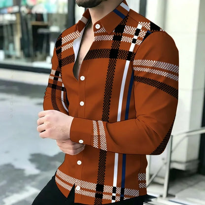 Men's shirt with contrasting stripes, long sleeved shirt, simple geometric lines, slim fit shirt, high-quality business top
