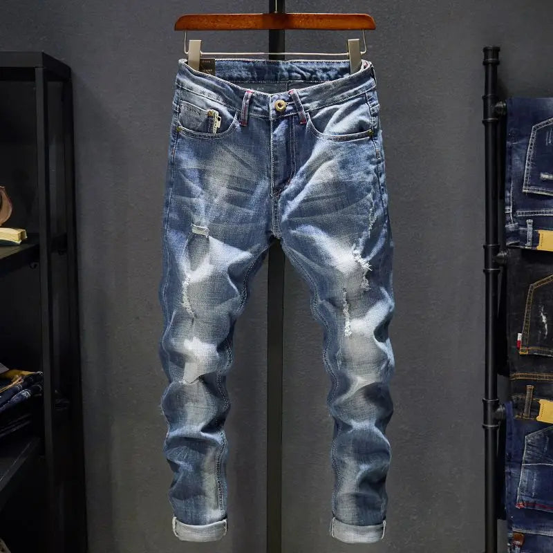 Jean Slim Déchiré Usé Tsingyi – Style Casual, Effet Moustache &amp; Confort Stretch