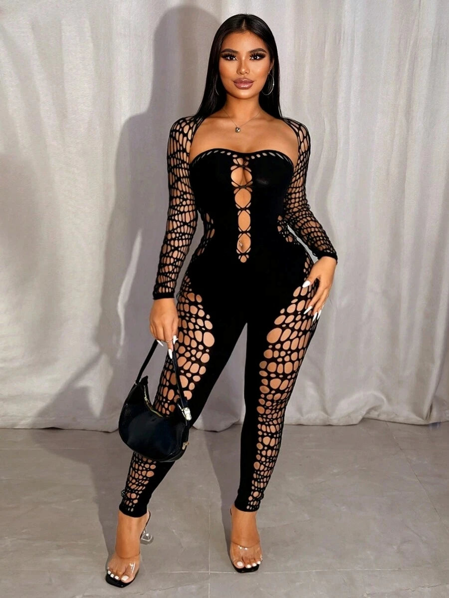 Nibber Sexy Hollow Strapless Jumpsuit+Shawl Women See Through Coquette Hipster Midnight Clubwear Activity Slim Workout Overalls