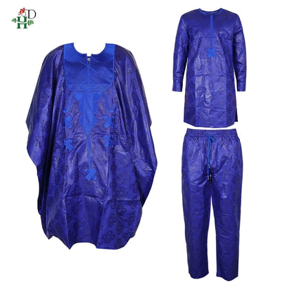 H&D African Clothing Traditional 3PCS Outfit For Man Bazin Riche Agbada Embroidery Wedding Party Plus Size Muslim Men Clothing