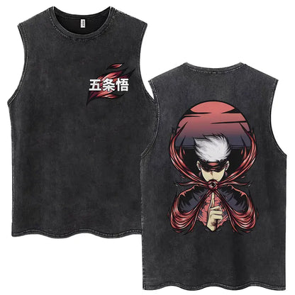 Anime Jujutsu Kaisen Satoru Gojo Vintage Wash Tank Tops Men Women Classic Manga Cotton T Shirt Fashion Loose Sleeveless T-Shirt