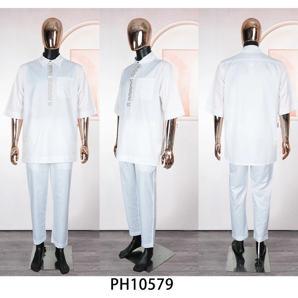 New African Traditional Clothes For Business Men Embroidery Dashiki Robe Shirt and Pants Sets 2 PCS Outfits Wedding Party 2025