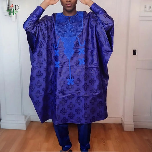 H&D African Clothing Traditional 3PCS Outfit For Man Bazin Riche Agbada Embroidery Wedding Party Plus Size Muslim Men Clothing