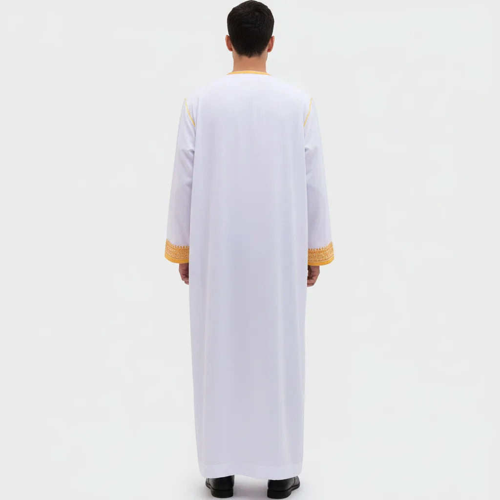 luxury Gold Embroidered Arab Traditional Long Robe Thobe Men's Formal Dress Middle East Ethnic Style Polyester Fiber