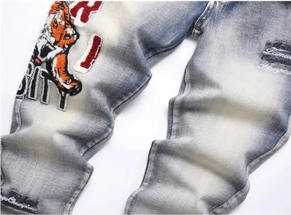 Jean Slim Taper HANGJIA "LLF" – Style Chic, Plis Biker &amp; Motif Animalier