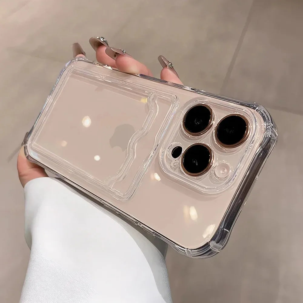 Wallet Card Holder Clear Soft Case For iPhone 16 11 13 12 14 15 17 Pro Max Plus Transparent Card Slots Shockproof Bumper Cover