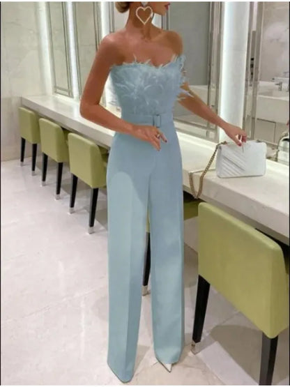 Combi-Pantalon Bustier Élégant avec Détails Plumes – Collection Summer Style