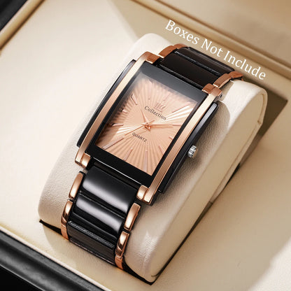 Fashion Rectangle Men Business Watches Luxury Stainless Steel Strap Quartz Wristwatch For Mens Clock Reloj Hombre（Without Box）