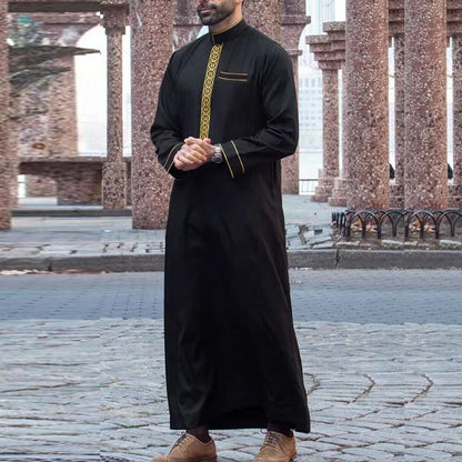 Muslim men's thobe long sleeves embroidered stand-up loose casual Saudi Arabia Islamic men's Abaya parties traditional clothing