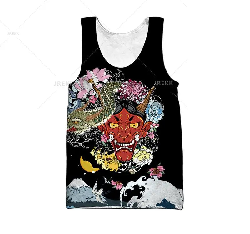 Samurai Oni Mask Tattoo 3D All Over Printed Men vest Summer Harajuku Sleeveless T-shirt Unisex Casual Polyester Tank Tops