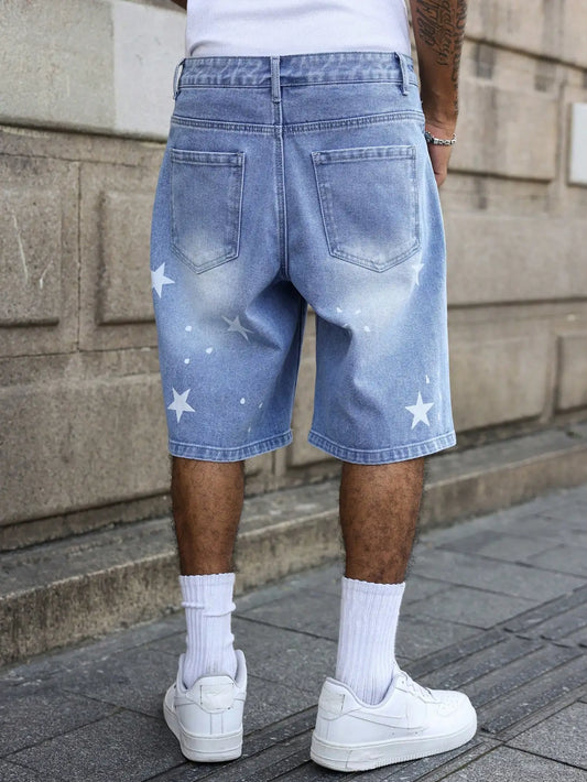 Short en Jean Ample Imprimé Étoiles – Style Casual, Lavage aux Enzymes &amp; Look d'Été