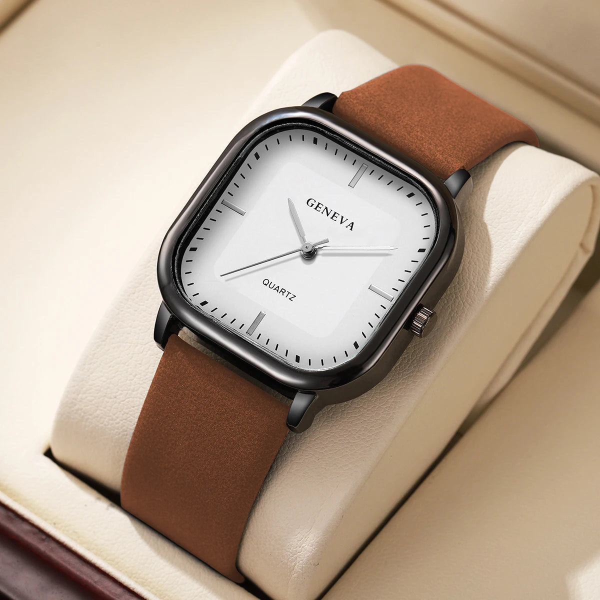 Fashion Square Dial Men's Watches Minimalist Quartz Watch Casual Leather Strap Wristwatch Reloj Hombre（Without Box）