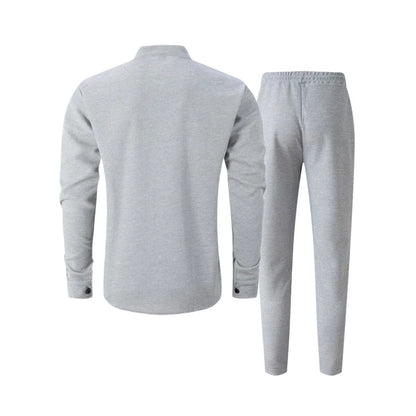 New autumn men's suit, waffle plain-colored long-sleevedshirt with pocket cardigan, stylish men's casual clothing long pants set