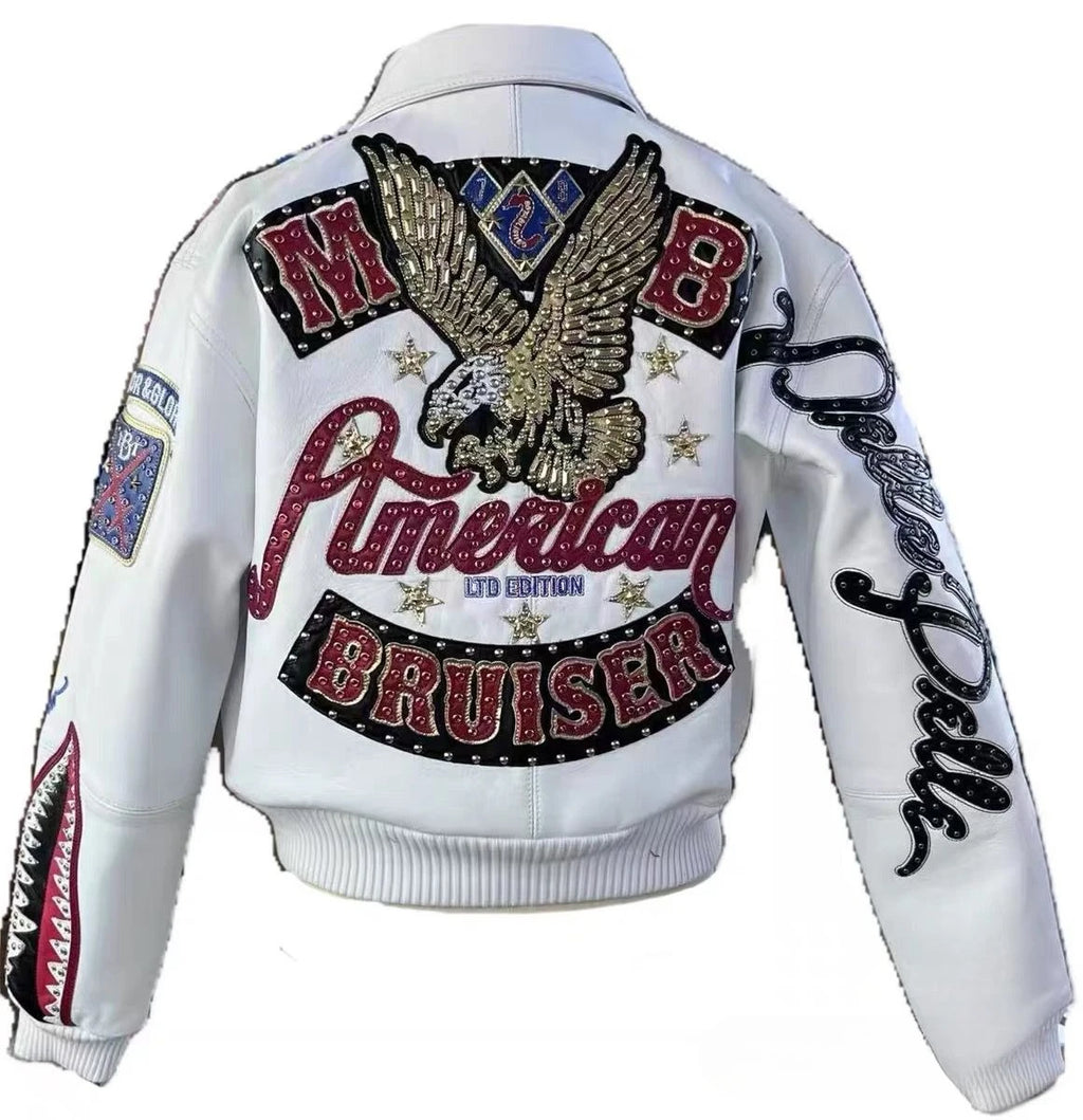 Heavy Industry Embroidery American Retro Motorcycle Coat Men's and Women's Stand Collar Flight Jacket Leather Jacket New Coat