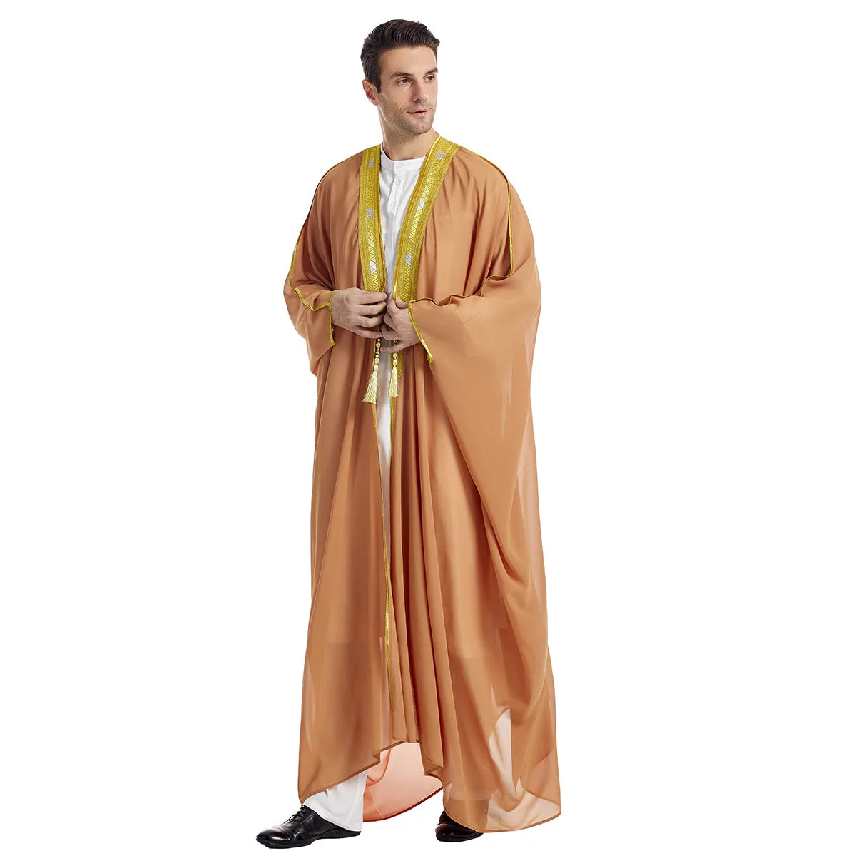 Islamic Men's Embroidered Prayer Robe Moroccan Open Abaya Kimono Eid Al Fitr Traditional Muslim Costume