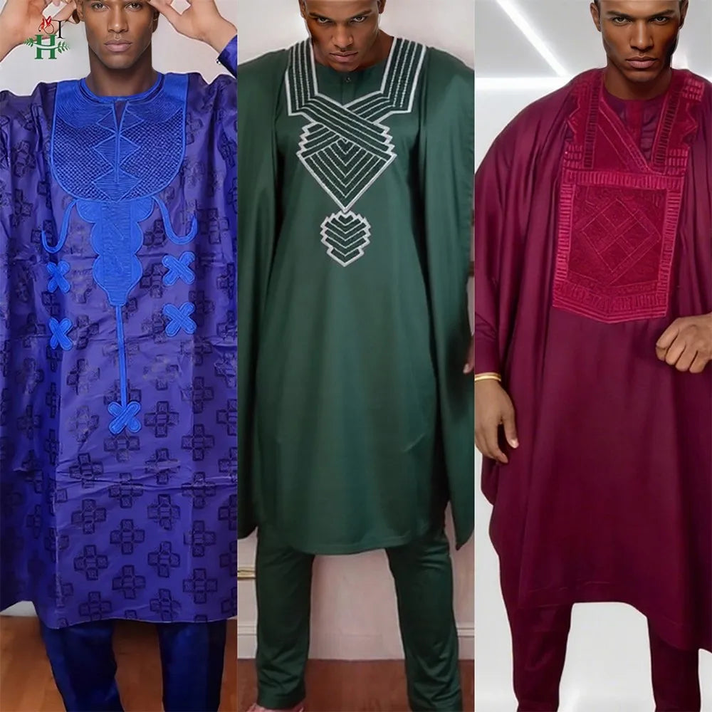 H&D African Clothing Traditional 3PCS Outfit For Man Bazin Riche Agbada Embroidery Wedding Party Plus Size Muslim Men Clothing