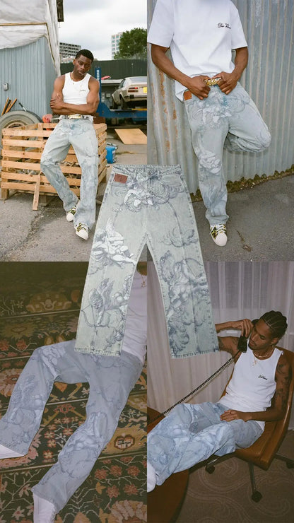 Jean Baggy Y2K "Angel Cupids Arrow" – Style Rétro Américain, Coupe Droite &amp; Denim Stonewashed