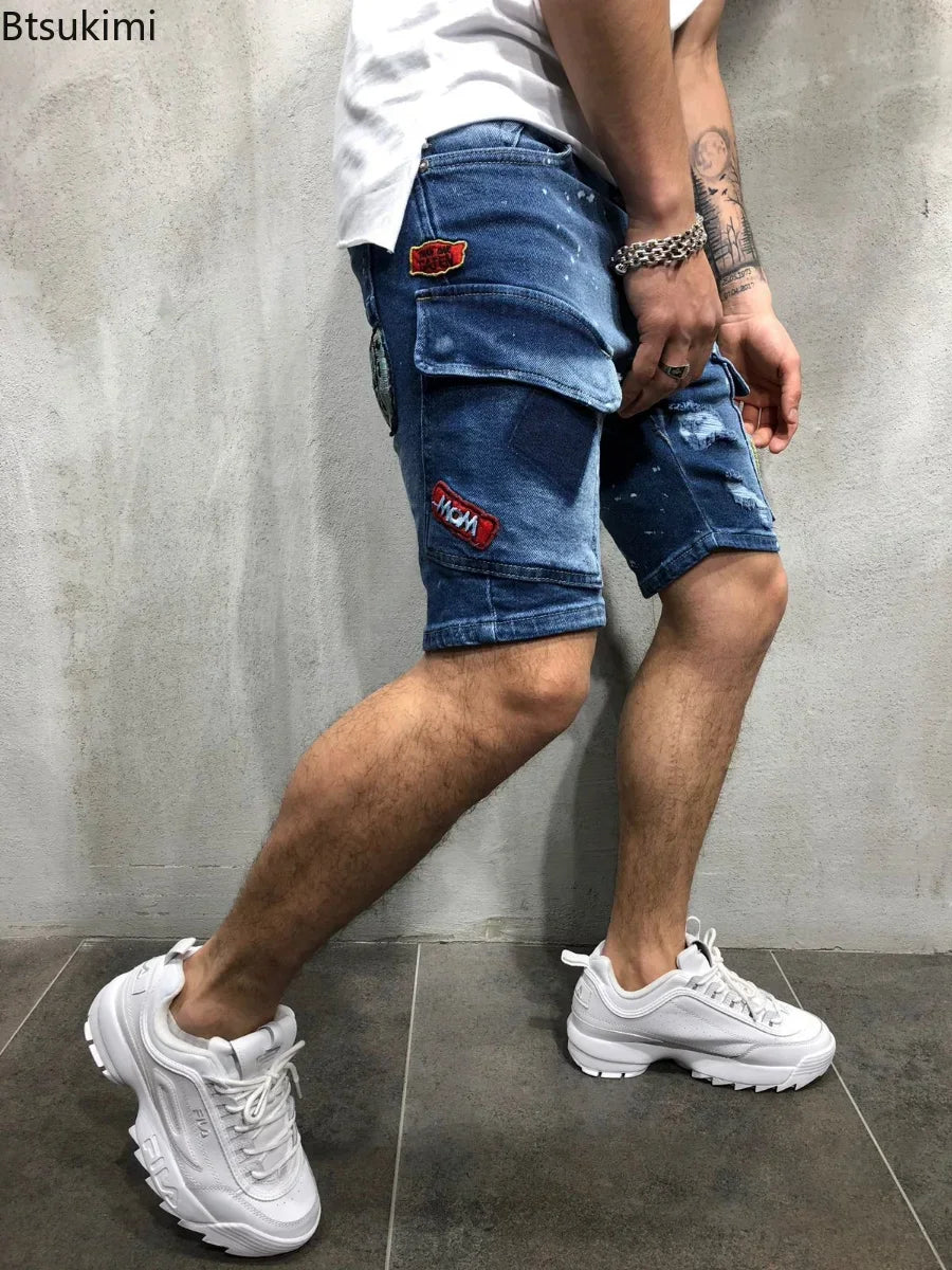 2026 Men's Summer Short Jeans High Stretch Fashion Casual Denim Shorts Male Slim Fit Elastic Badge Pockets Hole Shorts for Men