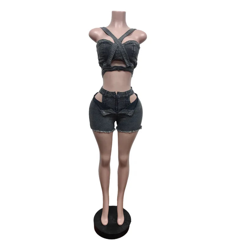 Ensemble 2 pièces Denim – Top Halter & Short Mini – Style Sexy & Club