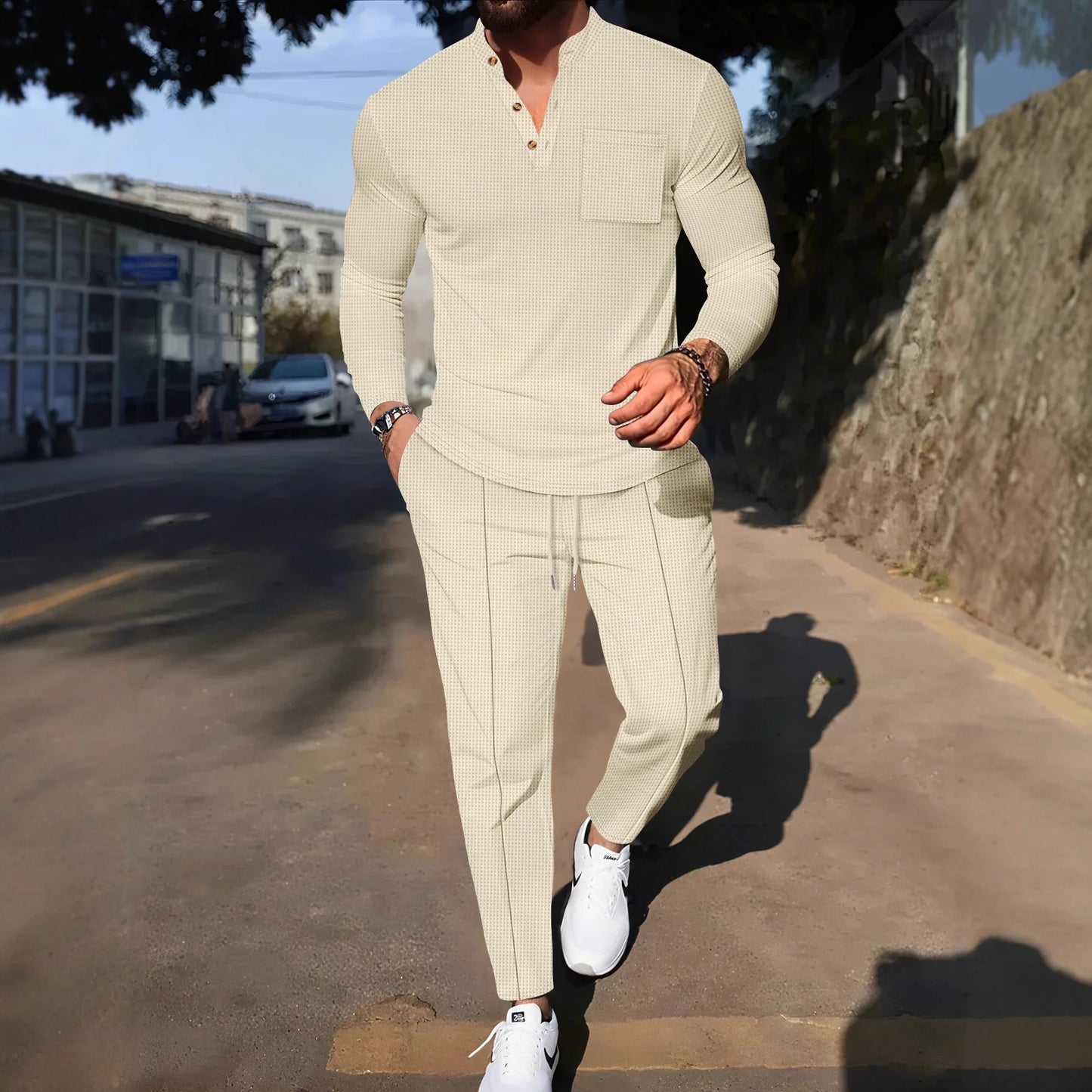 Men's Waffle Check Stand-Up Collar Semi-Casual Business Suit Button-Down Top with Comfortable Trousers have 1/2pieces