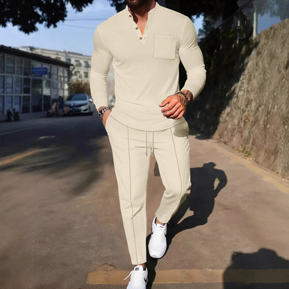 Men's Waffle Check Stand-Up Collar Semi-Casual Business Suit Button-Down Top with Comfortable Trousers have 1/2pieces