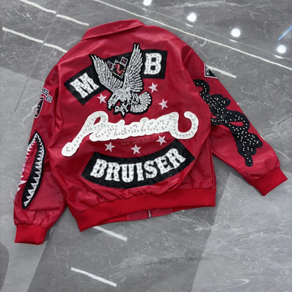 Heavy Industry Embroidery American Retro Motorcycle Coat Men's and Women's Stand Collar Flight Jacket Leather Jacket New Coat