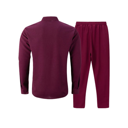 New autumn men's suit, waffle plain-colored long-sleevedshirt with pocket cardigan, stylish men's casual clothing long pants set