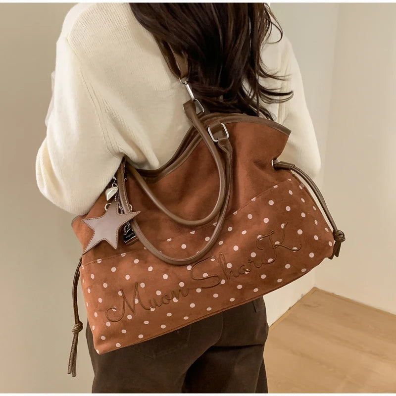 Vintage Frosted Tote Bag Casual Students Purse Large Capacity Shoulder Bag Polka Dot Drawstring Zipper Handbag With Star Pendant