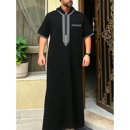 Muslim men's thobe long sleeves embroidered stand-up loose casual Saudi Arabia Islamic men's Abaya parties traditional clothing