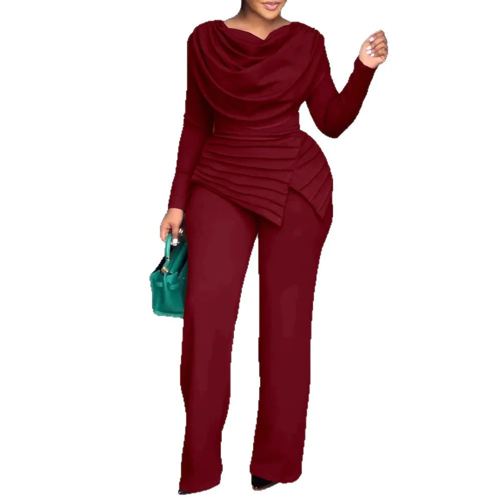 2025 Swing Collar Ruched Jumpsuit Long Sleeve Solid Elegant Office Lady Asymmetric Hem Casual Vintage Ruched Slim Autumn