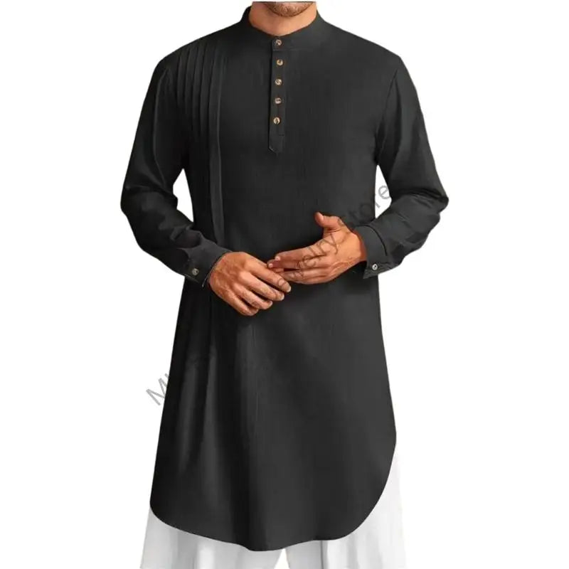 Q6PF Fashion Long Sleeve Men Thobe Ethnic Shirt Ramadans Gown Moroccan Robe