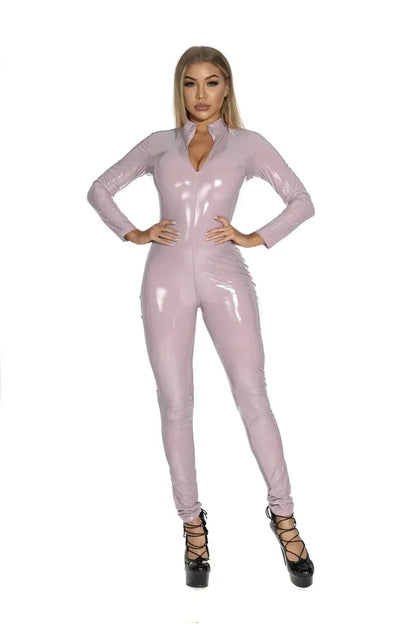 Women's Wet Look Shiny PU Faux Leather Jumpsuit Suit Long Sleeve Zipper Open Crotch Latex Bodysuit Clubwear Plus Size